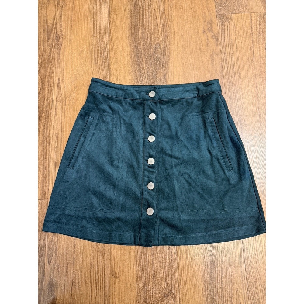 Forever 21 Green Mini Skirt Button Festival Boho Hippie Faux Suede Leather